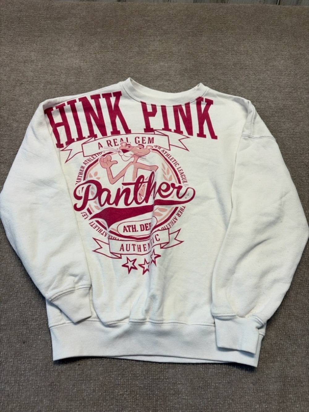 Pink Panther Graphic Sweatshirt White Crewneck Size XS Y2K Cartoon 0813